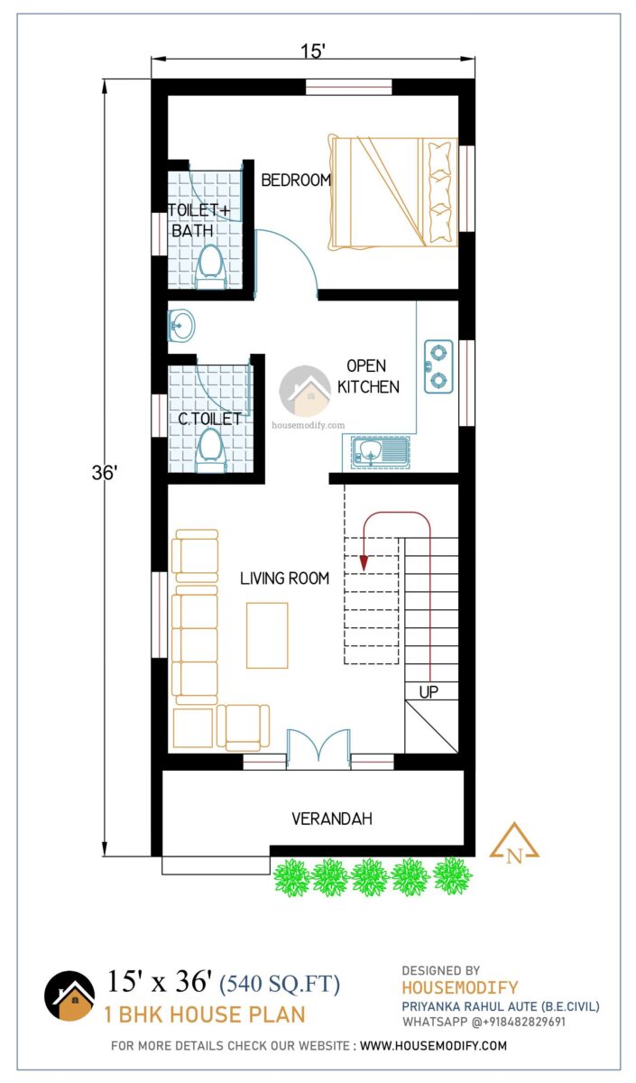 1BHK 2D House Floor Plan (15' X 36') 540 Sq. Ft.