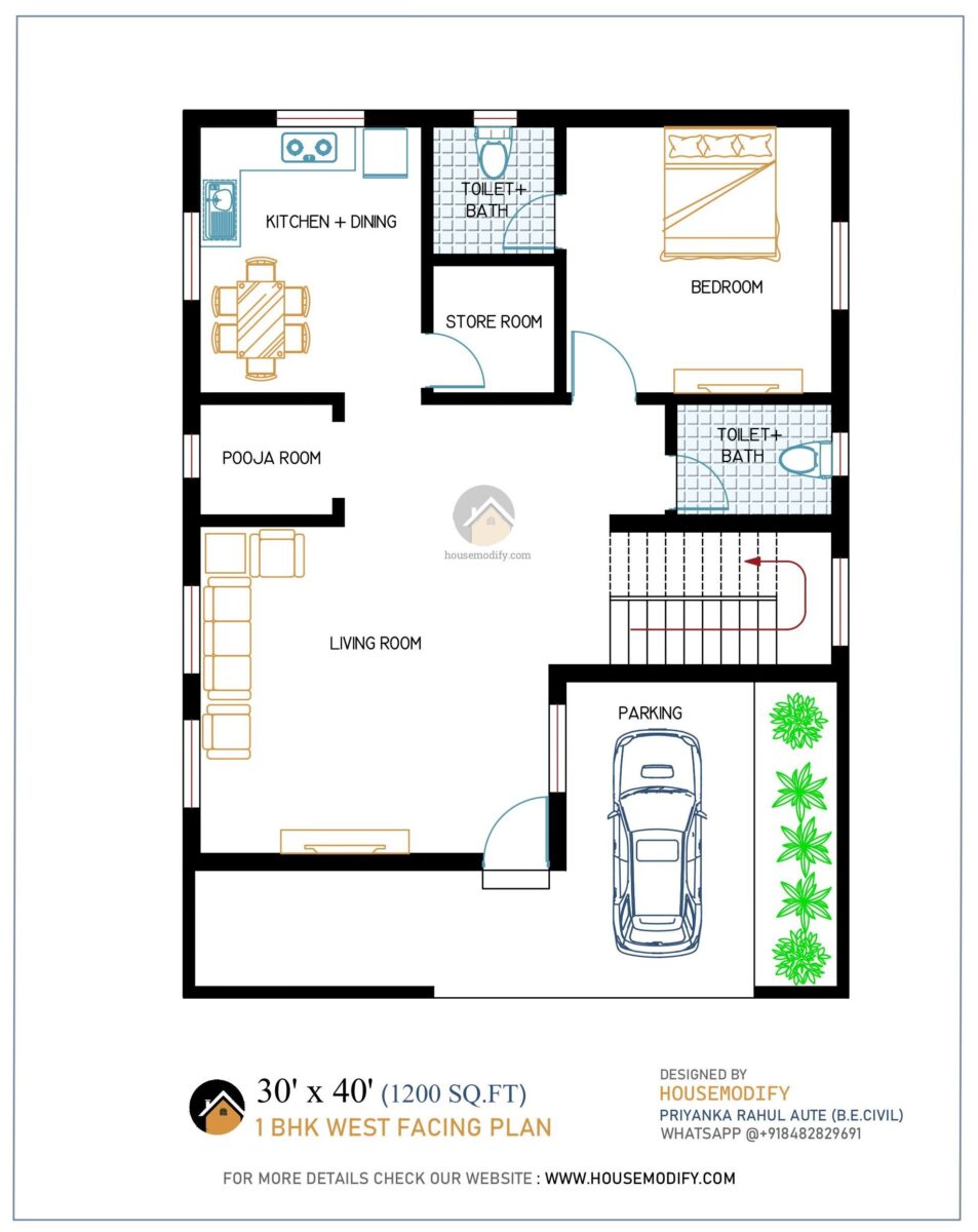 1BHK 2D House Floor Plan (30' X 40') 1200 Sq. Ft.
