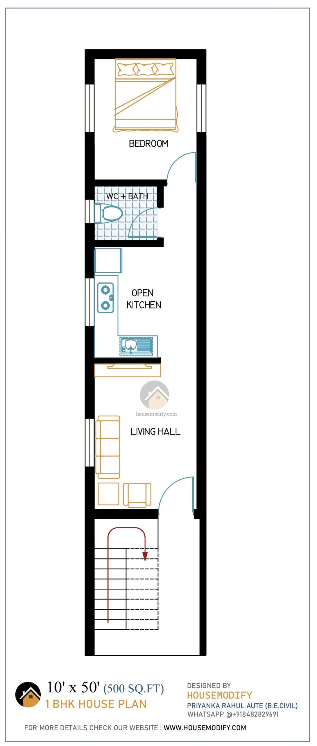 1BHK 2D House Floor Plan (10' X 50') 500 Sq. Ft.