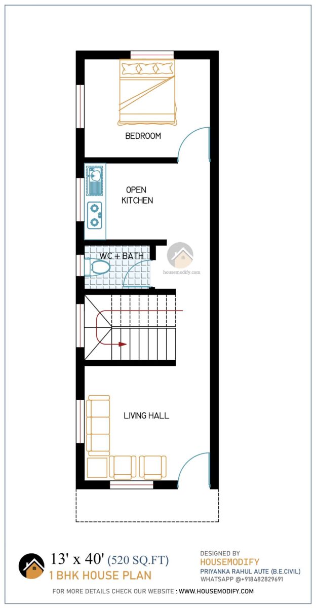 1BHK 2D House Floor Plan (13' X 40') 520 Sq. Ft.