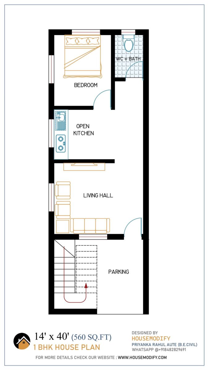 1BHK 2D House Floor Plan (14' X 40') 560 Sq. Ft.