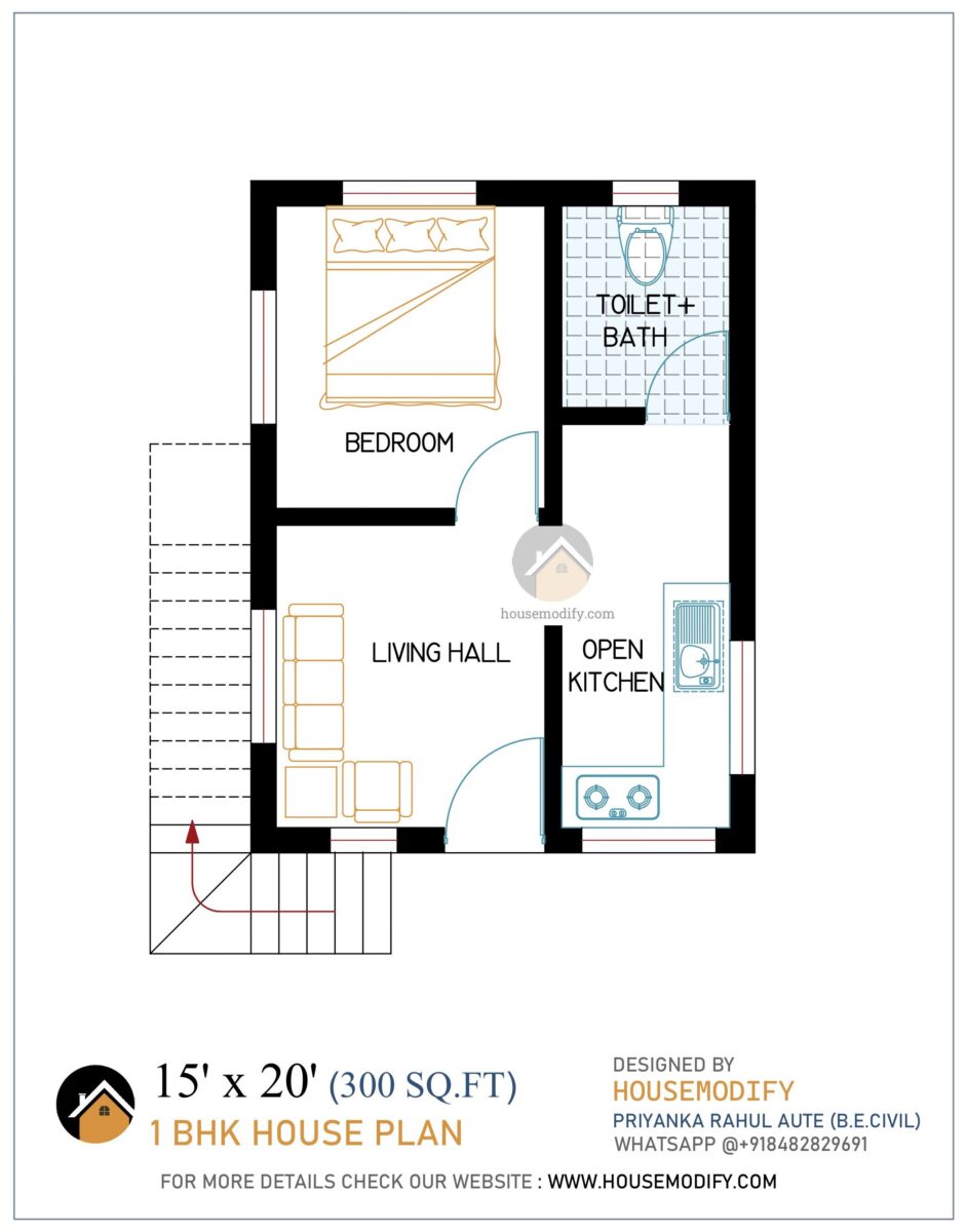 1BHK 2D House Floor Plan (15' X 20') 300 Sq. Ft.