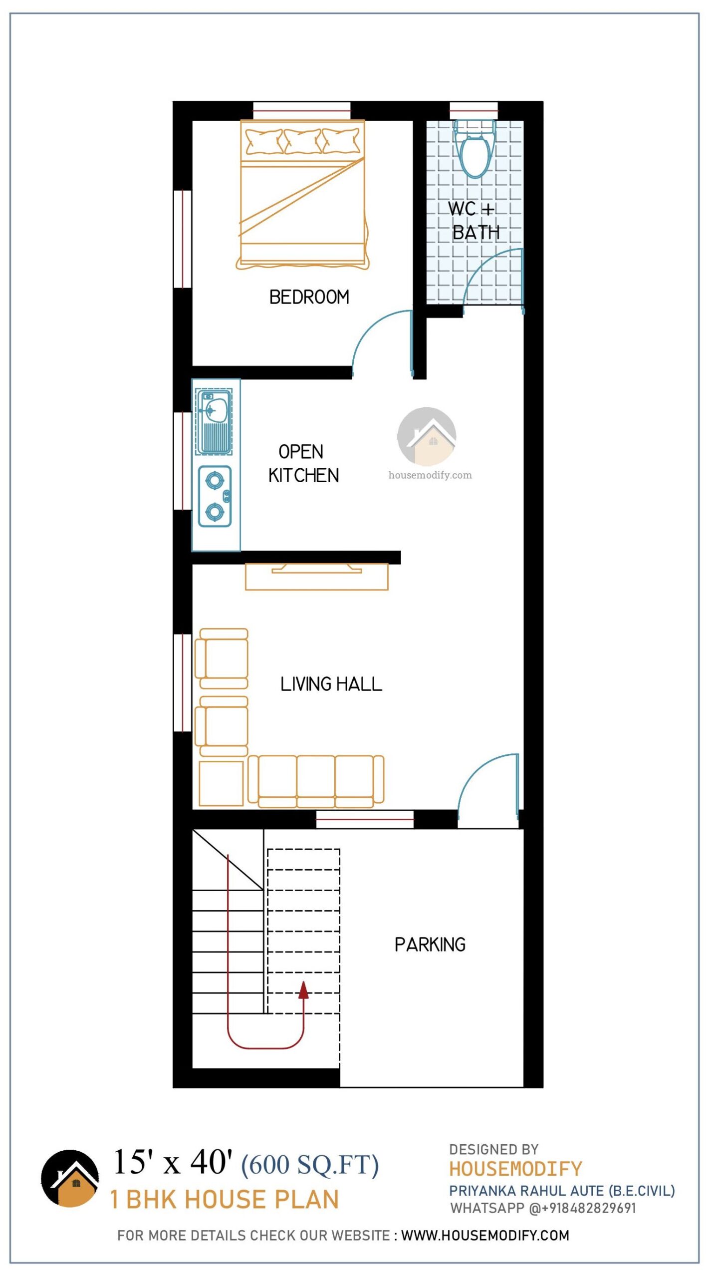 1BHK 2D House Floor Plan (15' X 40') 600 Sq. Ft.