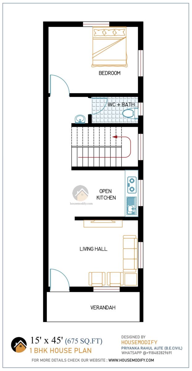 1BHK 2D House Floor Plan (15' X 45') 675 Sq. Ft.