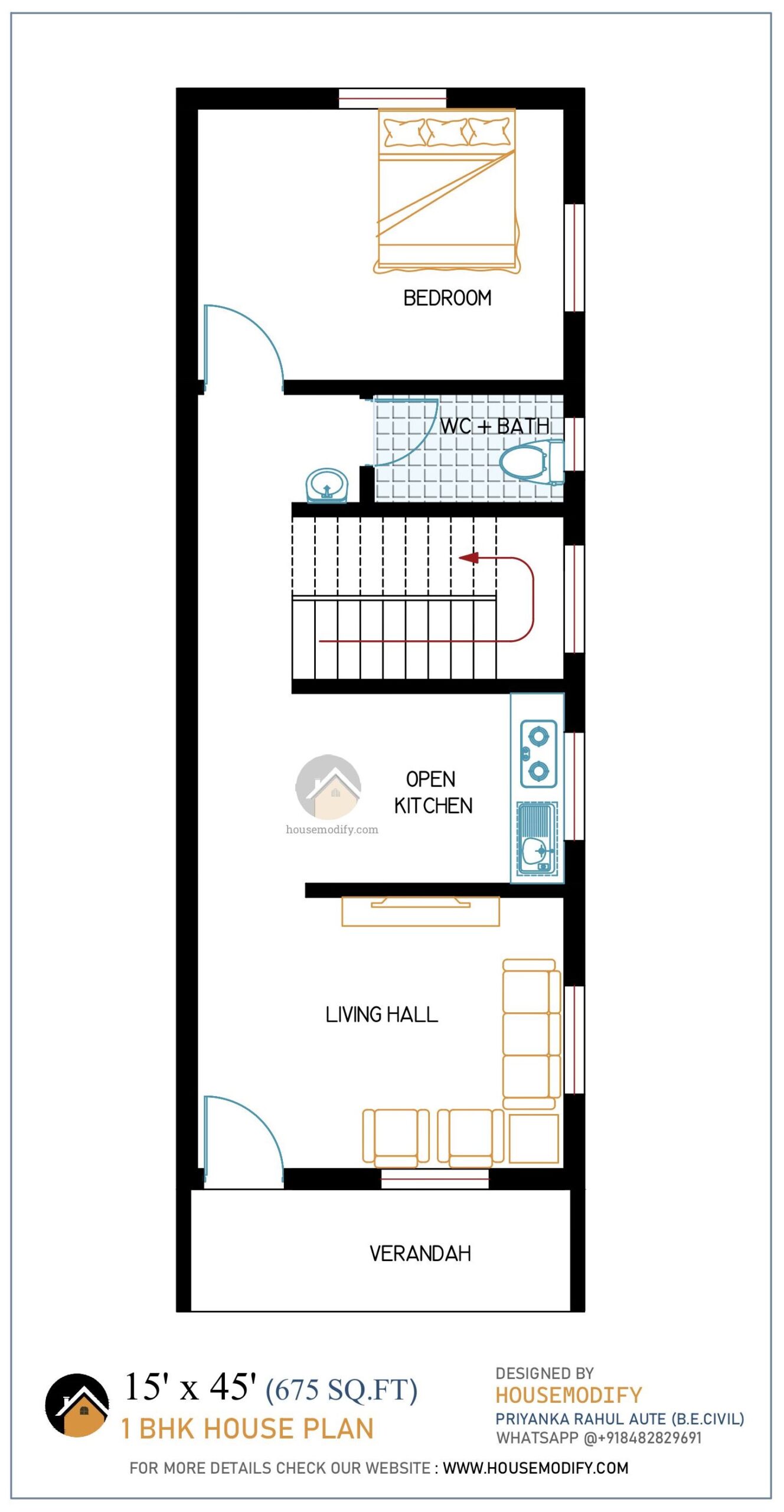 1BHK 2D House Floor Plan (15' X 45') 675 Sq. Ft.