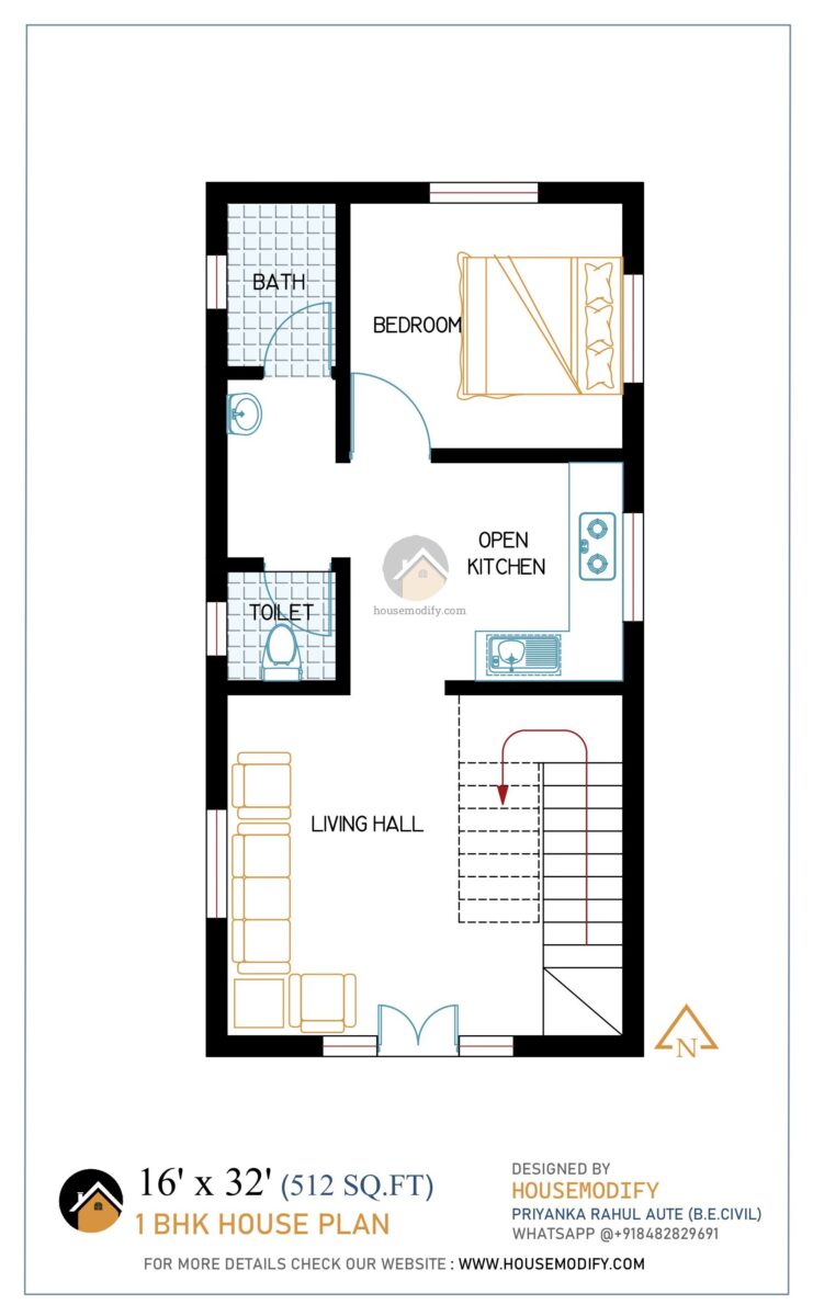 1BHK 2D House Floor Plan (16' X 32') 512 Sq. Ft.