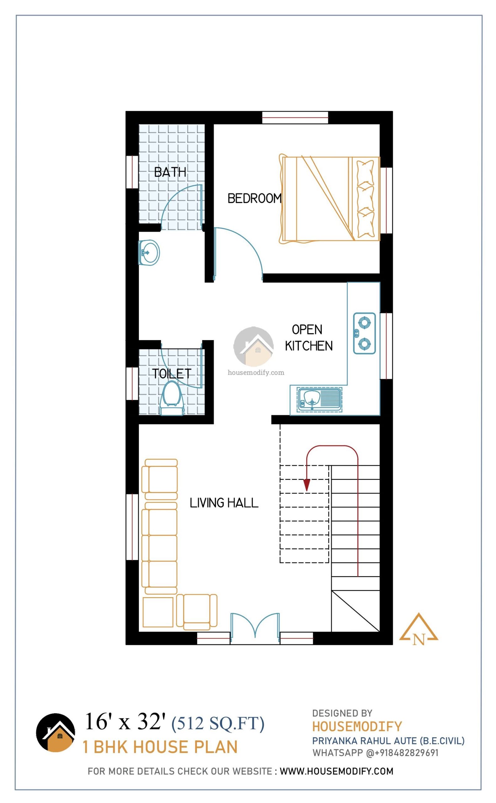 1BHK 2D House Floor Plan (16' X 32') 512 Sq. Ft.