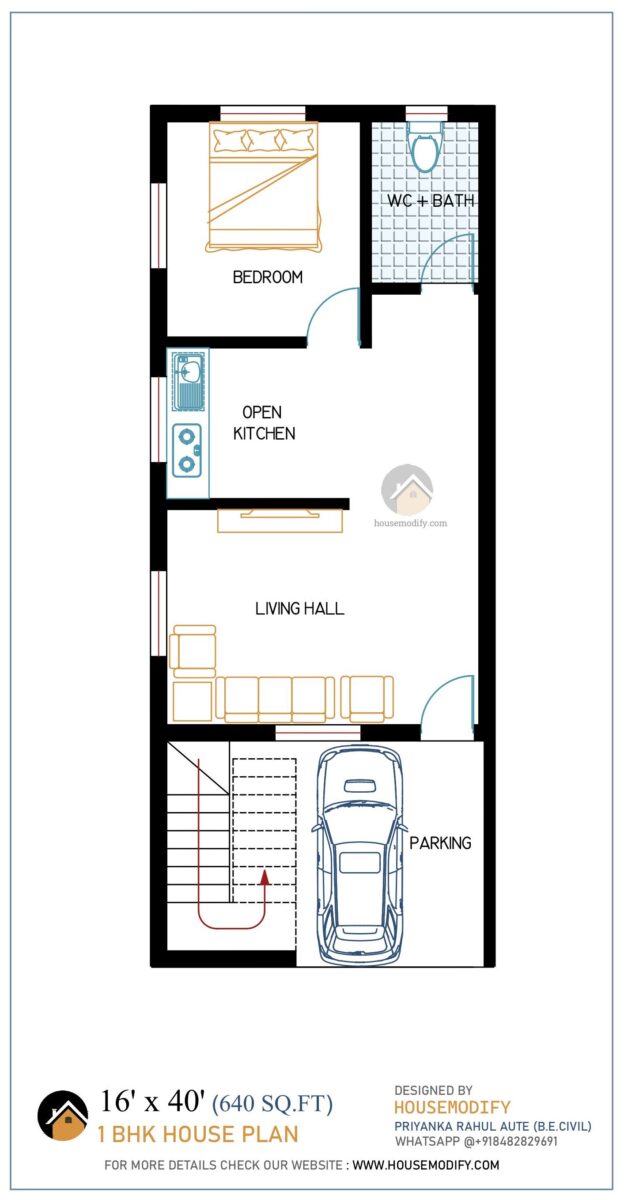 1BHK 2D House Floor Plan (16' X 40') 640 Sq. Ft.