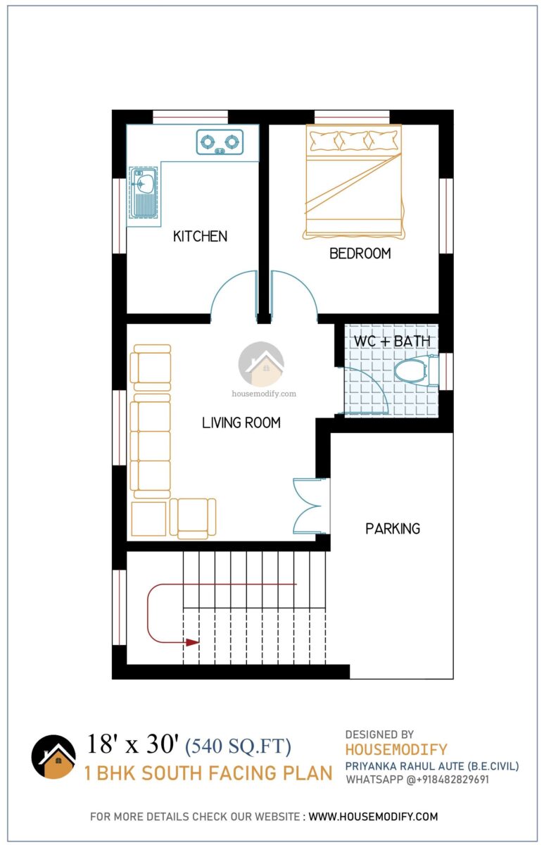 1BHK 2D House Floor Plan (18' X 30') 540 Sq. Ft.