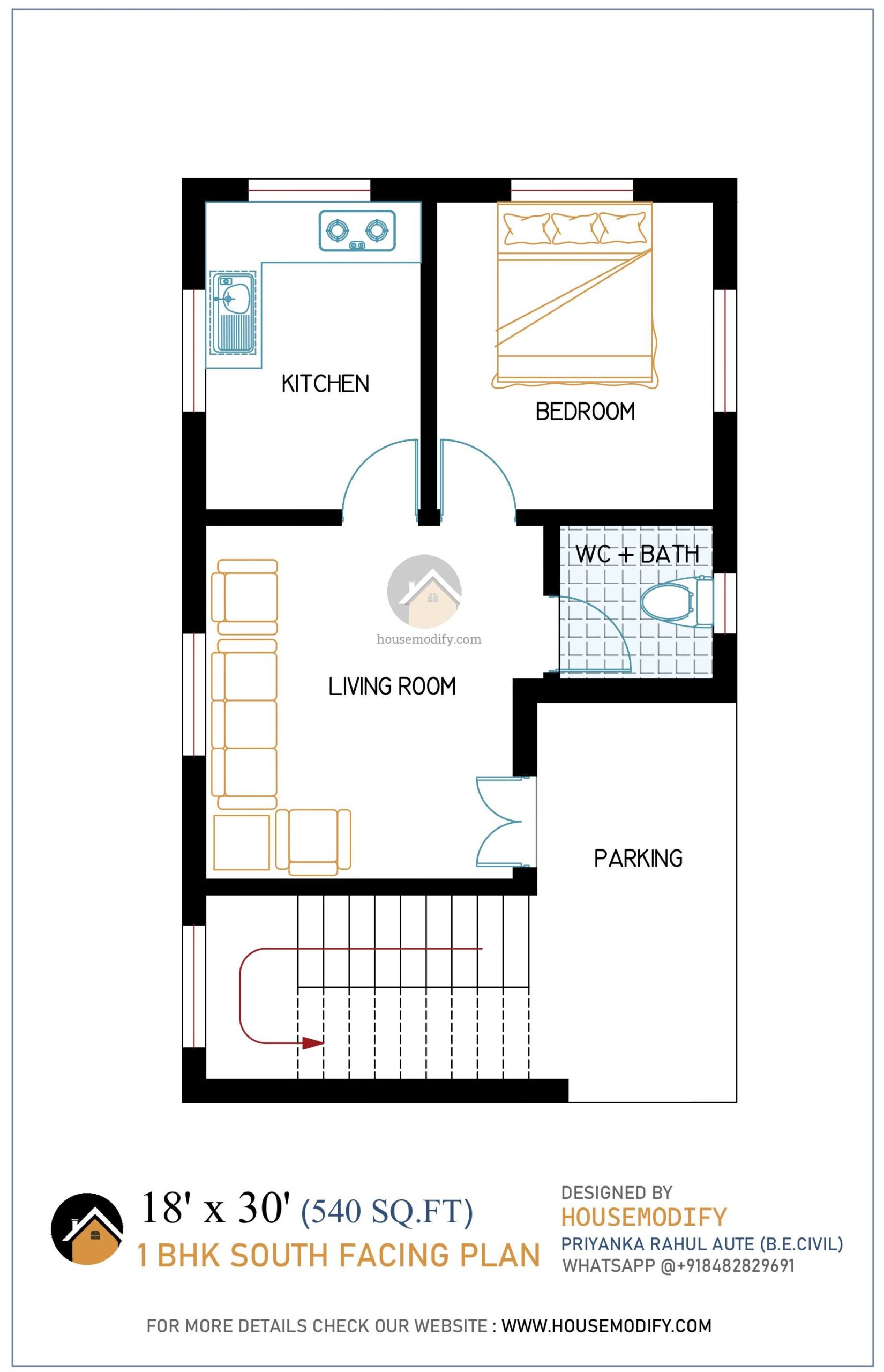 1BHK 2D House Floor Plan (18' X 30') 540 Sq. Ft.