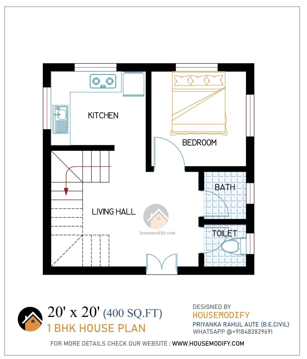 1BHK 2D House Floor Plan (20' X 20') 400 Sq. Ft.