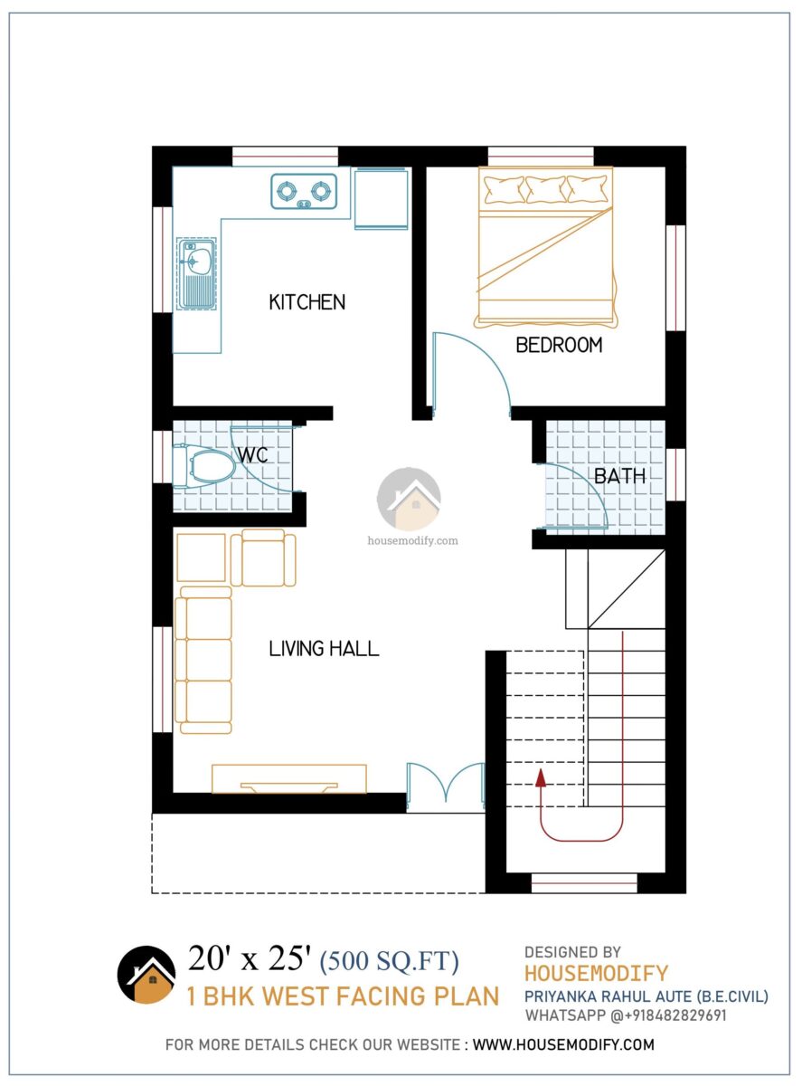 1BHK 2D House Floor Plan (20' X 25') 500 Sq. Ft.
