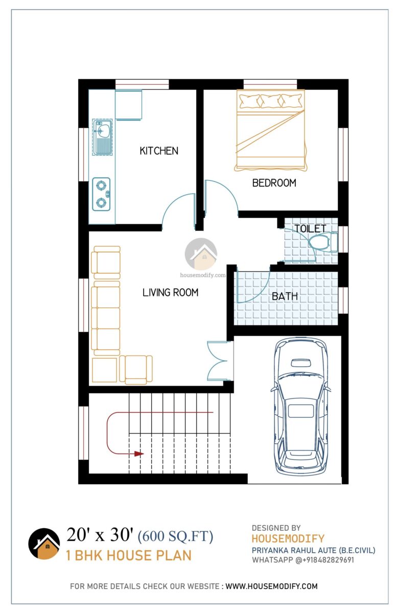 1BHK 2D House Floor Plan (20' X 30') 600 Sq. Ft.