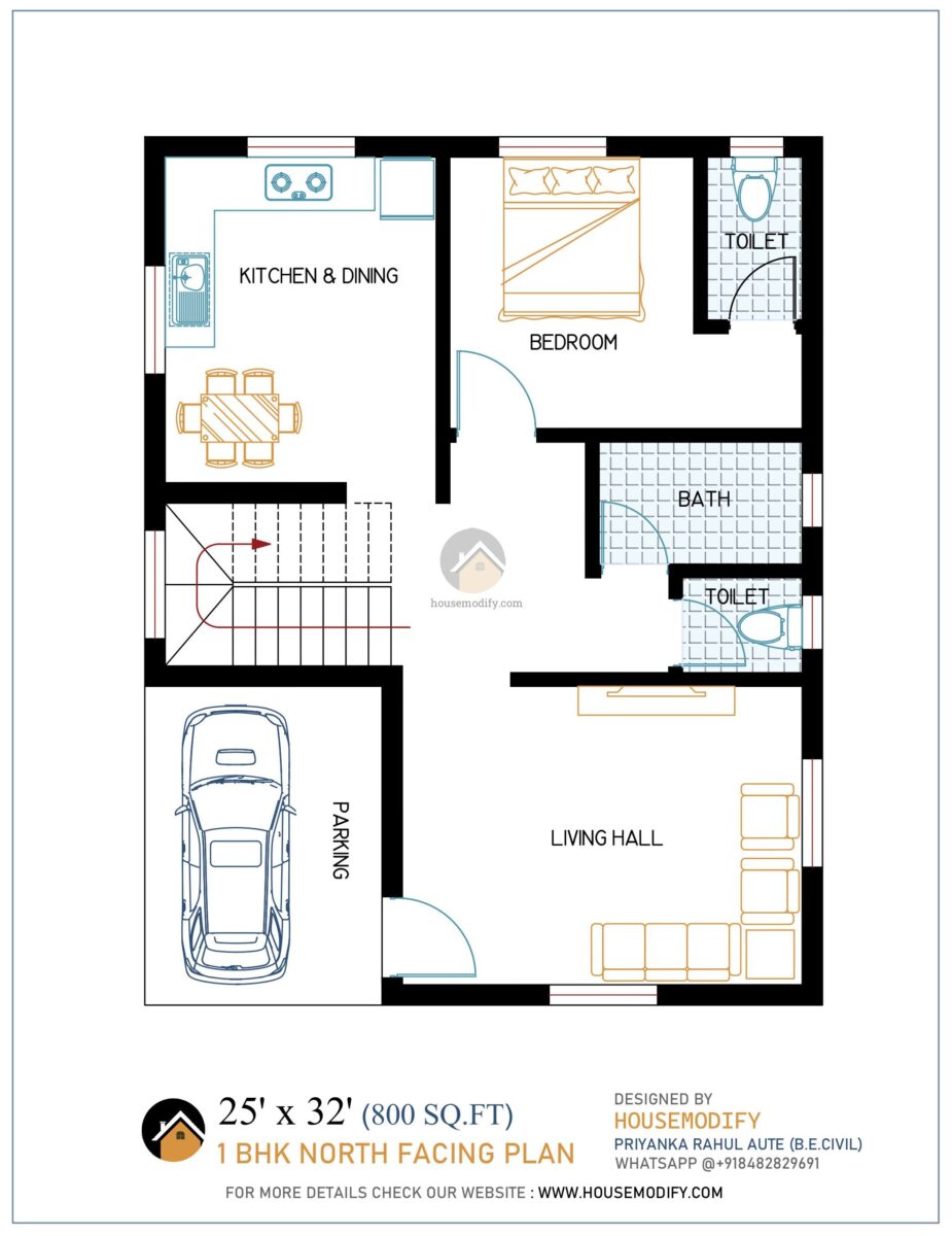 1BHK 2D House Floor Plan (25' X 32') 800 Sq. Ft.