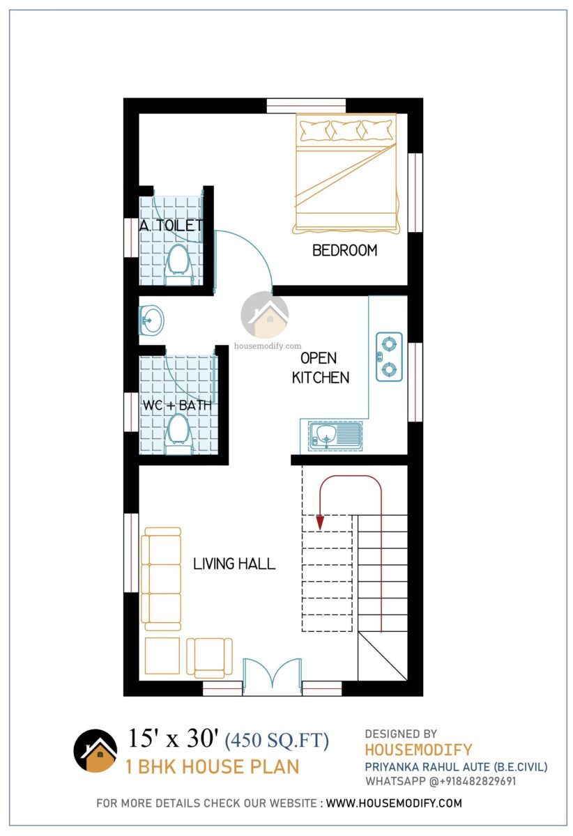 1BHK 2D House Floor Plan (15' X 30') 450 Sq. Ft.