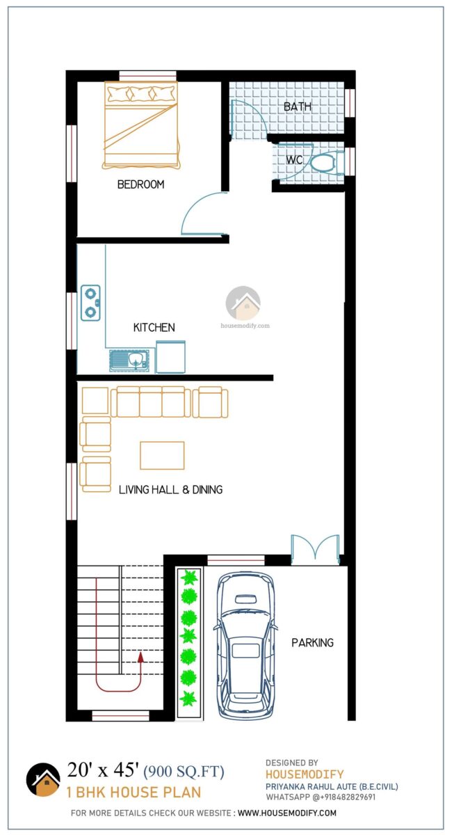 1BHK 2D House Floor Plan (20' X 45') 900 Sq. Ft.